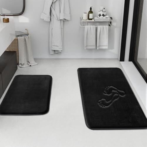 HUXMEYSON Bathroom Rugs Sets 2 Piece, Non-Slip & Quick Dry Bath Mat Set, Ultra Soft Velvet Bath Rugs for Bathroom, Toilet and Shower Floor, Black - color: Black, size: 17"x24"+20"x32"