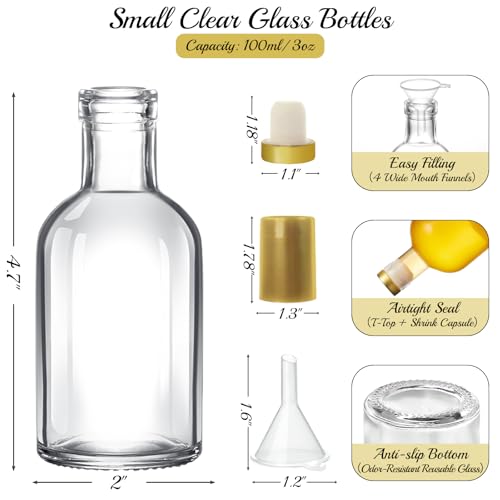 TBWIND 12 Pack 3oz/100ml Clear Glass Bottles with T-Top Cork Stoppers | Premium small refillable bottles. Perfect for homemade liquor, vanilla extract, oil, vinegar, or elegant gift favors. - color: 3oz/ 100ml, size: Clear