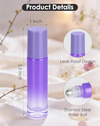 Worldgsb 25 Pack Essential Oil Roller Bottles, 10ml Refillable Glass Roller Bottles with Stainless Steel Roller Balls and Caps for Travel, Perfume and Lip Gloss Purple Gradient - color: Purple-Gradient, style: 25 Pack