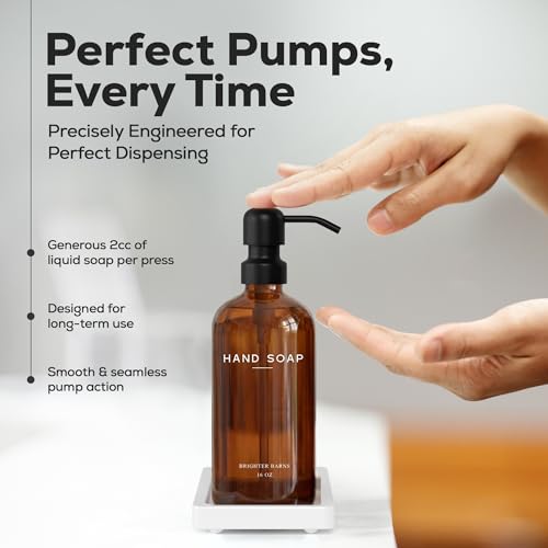Amber Glass Soap and Lotion Dispenser Set with Tray by Brighter Barns - Hand Soap Dispenser Bathroom Set & Stainless Steel Pump for Home, Restaurant, Spa - Neutral Bathroom Decor & Accessories (Amber) - color: Amber Sl