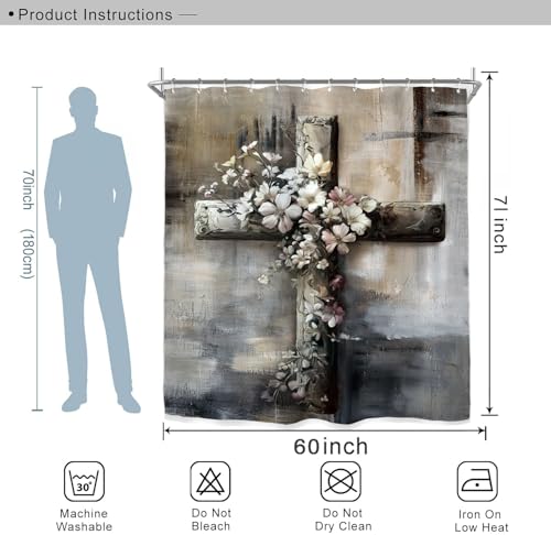 Miyotaa Abstract Cross Bless Shower Curtain Set 60Wx71H Inches Farmhouse Rustic Minimalist Neutral Brush Stroke Waterproof Bathroom Curtain with 12 Hooks - color: Rustic Cross, size: 60"W x 71"L (Pack of 1)