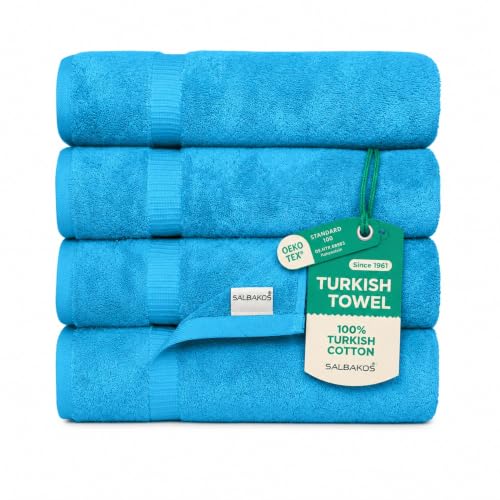 SALBAKOS 100% Turkish Cotton Bath Towel Set of 4 27x54 inch | Heirloom Quality | Hotel & Spa Collection | Ultra Soft, Super Absorbent, Long Lasting Bath Towels | Made in Turkey (Aqua, 4 Bath Towels) - color: Aqua, size: 4 Bath Towels