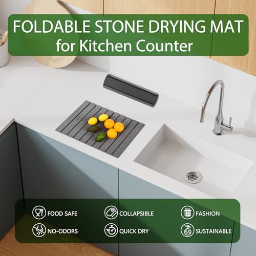Oxydrily Stone Dish Drying Mat for Kitchen Counter,Large Dark Gray Foldable Diatomaceous Earth Dish Drying Mat,Quick-Dry Absorbent Bath & Countertop Stone Dishes Mats for Dishes Bottles Cups 23"x15.3"