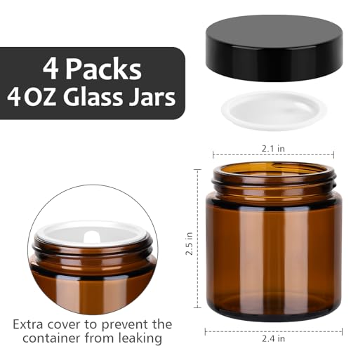 Accmor 4 oz Amber Glass Jars with Black Lids, 4 Pack Empty Glass Jars Makeup Sample Container with Inner Liners, Leakproof Round Airtight Cosmetic Travel Containers for Lotions, Creams, Candle Making - color: Amber, size: 4 Ounce