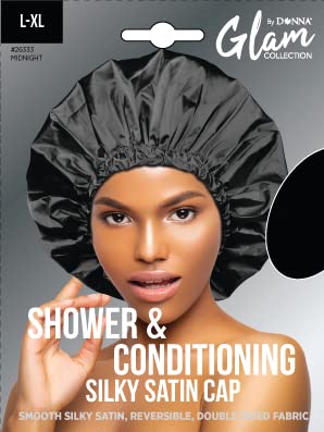 DONNA Shower & Conditioning Silky Satin Cap Waterproof Bath Caps Plastic Reusable Shower Caps Elastic Band Bath Hair Hat Stocking Stuffers for Women Midnight L-XL - color: Midnight