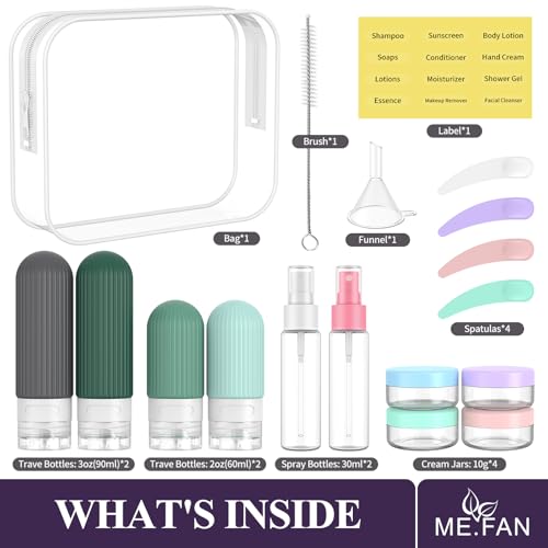 ME.FAN Travel Bottles for Toiletries,18 Pack Silicone Portable Size Bottle, TSA Approved Refillable Cosmetic Container Kits for Conditioner, Shampoo, Lotion,Face Cream - Blue - color: Blue