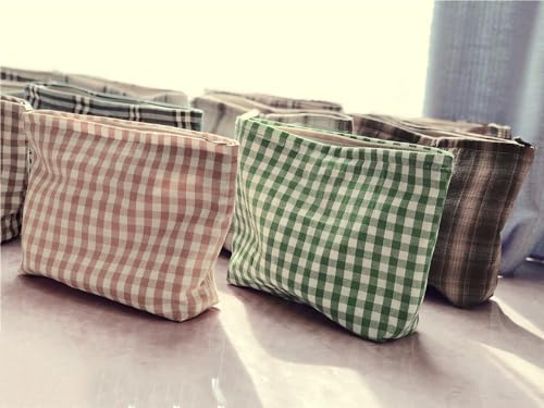 HAPPYHEIDI Khaki Gingham Cotton Makeup Bag Cosmetic Travel Pouch with Bottom, Make Up Purse Organizer, Zipper Closure, Canvas Lined… - color: SX427 Khaki Gingham Cotton