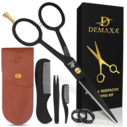 DEMAXA 5" Professional Mustache Scissors Beard Scissors for Men with Fine tip Tweezers 1 Mustache Comb 1 Beard Comb & Pouch – Beard Trimming kit & Mustache Kit (Black Shears With Tweezer) - color: 5" Professional Black With Tweezer