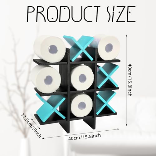 Weysat Tic Tac Toe Toilet Paper Holder Stand Bathroom Wall Decor Rustic Wooden Hanging Storage Freestanding Wall Mounted Shelves Decor for Toilet Tissue Farmhouse - color: Black, Blue