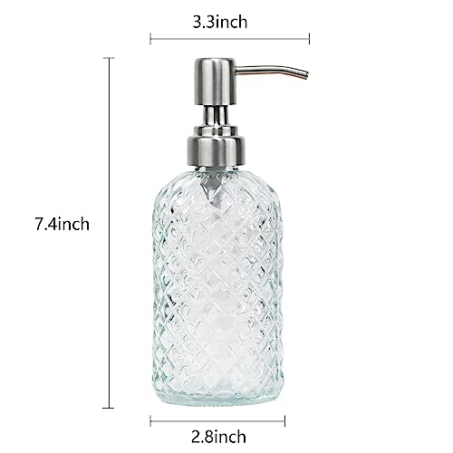 16 oz Diamond Pattern Glass Soap Dispenser, Kitchen and Bathroom Refillable Soap Dispenser with Rust Resistant Stainless Steel Pump for Hand Soap, Lotion Glass Liquid Dispenser (Clear) - color: Clear