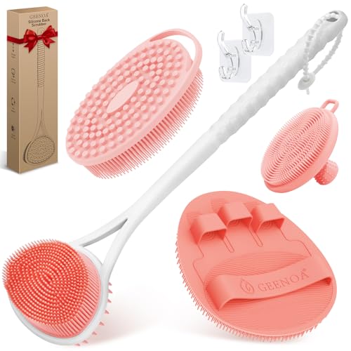Silicone Back Body Face Scrubbers Set 4PCS, 15.35’’ Back Scrubber Soft Body Scrubber for Dual-Side Usage, Easy-to-Hold Soft Bath Glove & Face Scrubber for Good Foaming Deep Cleaning(Pink) - color: Pink*4
