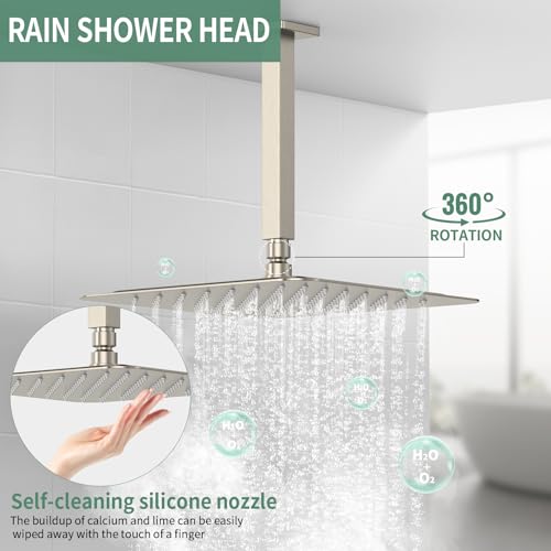 SunCleanse Rainfall Shower System Brushed Nickel Ceiling Mounted Shower System Combo Set with High Pressure 12 Inches Square Rain Shower Head Handheld and Shower Faucet Rough-in Mixer Valve and Trim - color: Brushed Nickel, style: 12-ceiling