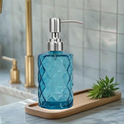 12Oz Blue Glass Soap Dispenser with Stainless Steel Pump, Refillable Kitchen Liquid Hand Soap Dispenser with Diamond Design, for Dispense Hand soap, Dish Soap, Lotion, Bathroom, Countertop, Hotel - color: Diamond Blue