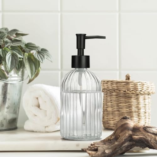 1 Pack 13.5oz Glass Soap Dispenser with Plastic Pump, Vertical Stripe Design Refillable Hand Soap Dispenser for Hand Wash, Bathroom and Kitchen - color: Vertical Clear