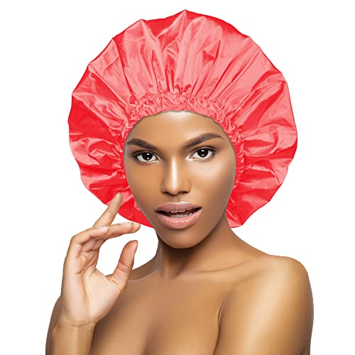 DONNA Shower & Conditioning Silky Satin Cap Waterproof Bath Caps Plastic Reusable Shower Caps Elastic Band Bath Hair Hat Stocking Stuffers for Women Rose L-XL - color: Rose