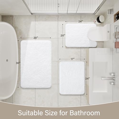 LOCHAS Bathroom Rugs Sets 3 Piece, Microfiber Bath Rug Set Non Slip Washable, Shaggy Toilet Rug Set Absorbent, Soft Cozy Bath Mat Set Quick Dry, White - color: White, size: 30" x 20" + 24" x 17" + U Shape 24" x 20"
