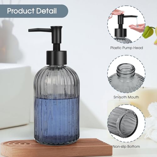 Topsky 2 Pack Glass Soap Dispenser with Plastic Pump,400ml Liquid Hand Soap Dispenser,Rustproof Pump for Kitchen & Bathroom,Great for Lotions,Essential Oil,Liquid Soaps,Gray - color: Stripe-grey, size: Plastic Pump