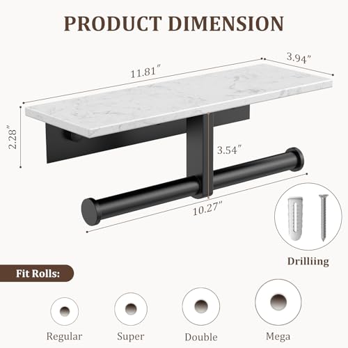 BWE Double Toilet Paper Holder with Shelf, Wall Mounted Tissue Roll Holder for Bathroom, Commercial Toilet Paper Dispenser, Marble Toilet Paper Storage Holder with Phone Shelf (Matte Black) - color: Double Black