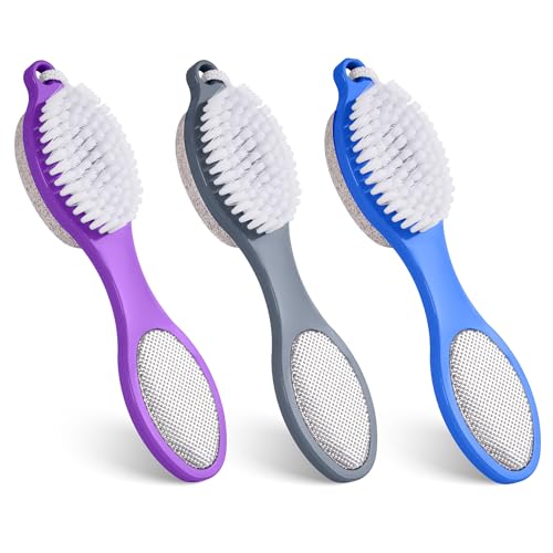 3 Pcs 4 in 1 Foot Brush for Use in Shower with Pumice Stone, Foot Rasp and Sandpaper, Foot Scrubber Brush for Feet, Dead Skin Remover for Foot Care (3 Colors) - style: 3 Purple Gray Blue Foot Brush