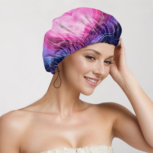 2 PCS Shower Cap Reusable Waterproof Adjustable Double Layer Elastic Dry Hair Bathing Caps Aesthetic Cute for Women Girls-Heart Flower - color: H-15-Heart Flower