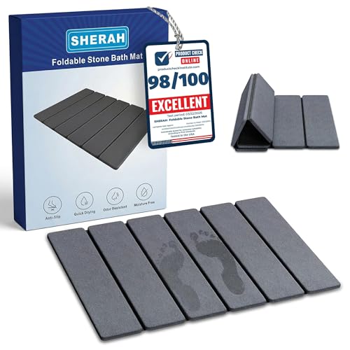 Foldable Diatomaceous Earth Bath Mat, Fast Drying Stone Bathroom Mat, Super Absorbent & Non-Slip, Compact Easy Storage, 23.6 x 15.35 Inch, Grey