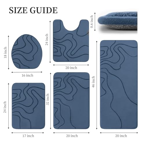 YIHOUSE Memory Foam Bathroom Rugs Sets 5 Piece - Extra Thick Ultra Soft Absorbent Bath Mat Set, Non-Slip Machine Washable Bath Rugs for Bathroom, Tub & Shower, Home Decor Accessories, Dusty Blue - color: Dusty Blue, size: 1'5" x 3'10" (5 pieces)