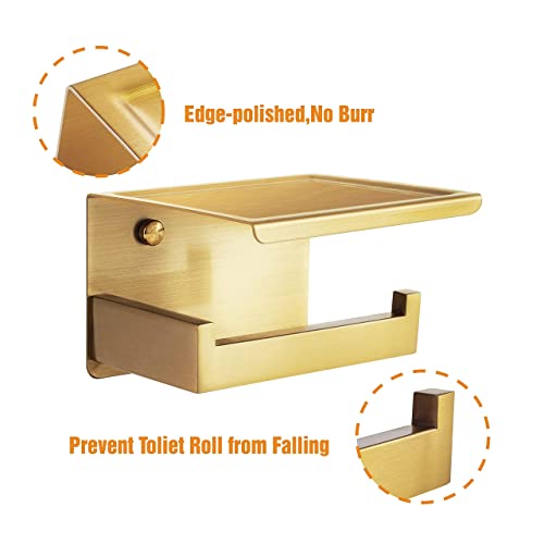 HITSLAM Gold Toilet Paper Holder, Stick on Brushed Brass Toilet Paper Holder with Shelf, Self Adhesive No Drill or Wall-Mount with Screws for Bathroom - color: Brushed Brass, size: Medium