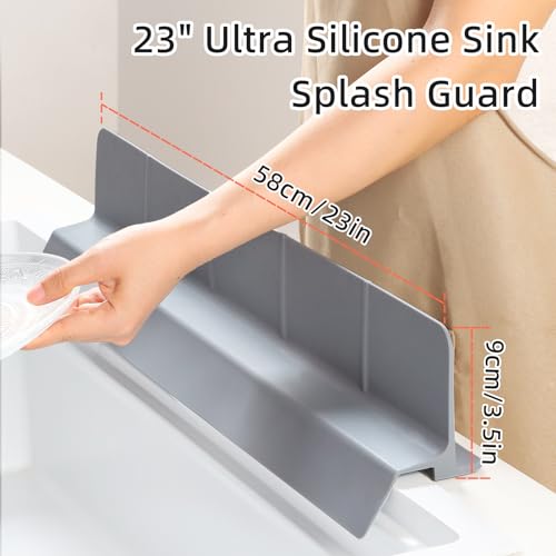 23" Ultra Silicone Sink Splash Guard Released in 2026,Self-Draining Water Splash Guard for Kitchen Sink,Bathroom and Island,with 3.5" High Splash Guard & 7 Strong Suction Cup (Grey) - color: Gray