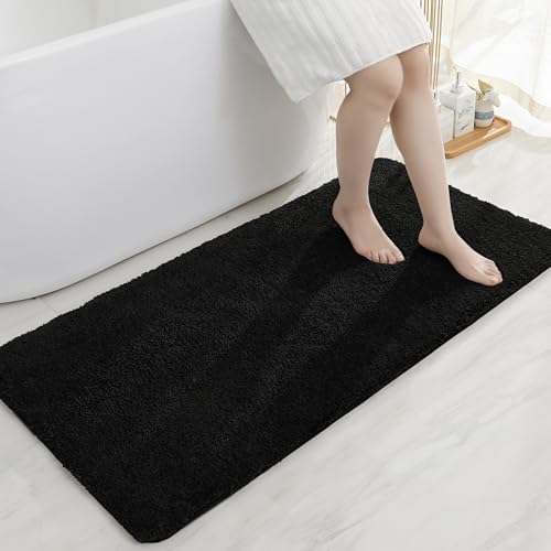 COSY HOMEER Bathroom Rugs Mat 24”x48” Absorbent Non-Slip Bath Mat Plush Shaggy Machine Washable Bath Rugs Soft Polyester Bath Mats for Bathroom Floor,Tub and Shower,Black - color: Black, size: 2' X 4' (Rectangular)