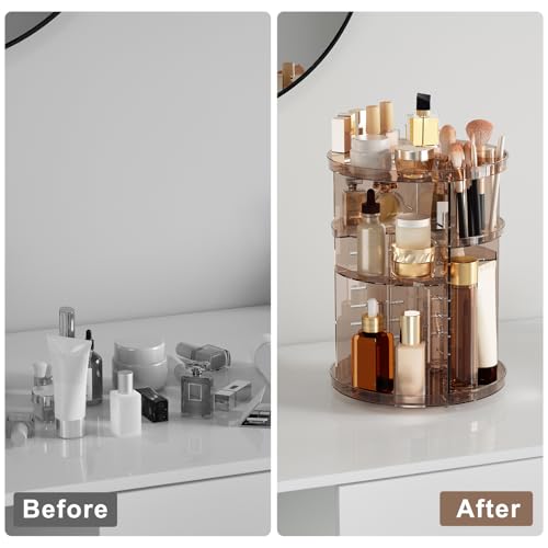 Rotating Makeup Organizer, DIY 8 Adjustable Layers Spinning Skincare Storage, Cosmetic Display Case with Brush Holder and Perfume Tray, Multi-Function Vanity Bathroom Countertop Organizer Clear Coffee - color: Clear Coffee