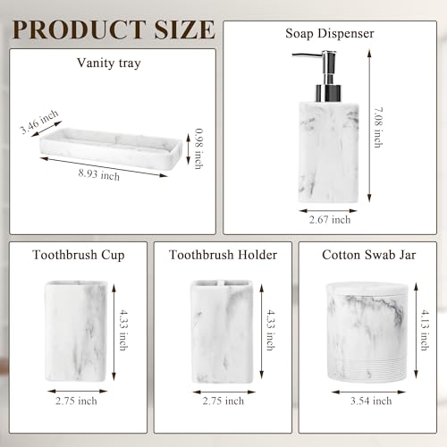 YMXYJM Bathroom Accessories Set, 6 Piece Bathroom Set with Toothbrush Holders, Soap Dispenser, Vanity Tray, Tumbler, Cotton Swab Jars, Bathroom Organizer，Bathroom Sink Sets, Artificial Marble White - color: White