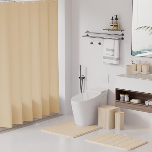 XLHOMO Bathroom Set- 25PC Beige Bathroom Set, Bathroom Set with Shower Curtain and Rugs, Beige Shower Curtain Set, Toilet Brush, Bathroom Trash Can - size: Bath Set+Shower Curtain+Rugs, style: Beige