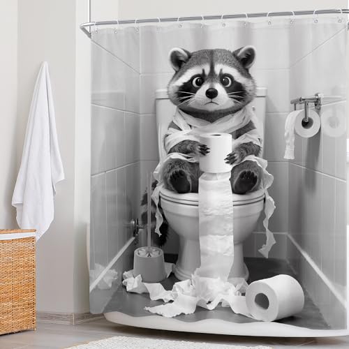 Newsely Funny Raccoon Shower Curtain 60Wx72L Inch Black White Animal Roll Paper Hilarious Sitting on the Toilet Bathroom Set Lovely Wildlife Boy Kid Waterproof Bath Decoration Accessories Home Decor - color: P-raccoon, size: 60"W x 72"L (Pack of 1)
