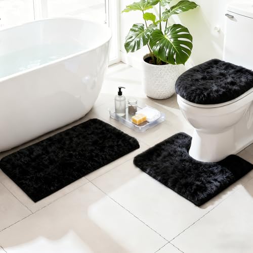 RUN HELIX Black Bathroom Rugs Sets 3 Piece Shaggy Bath Mat Non-Slip Mats Water Absorbent Bath Rug Floor Mats Soft Washable Shower Rug with U-Shaped Contour Rug Toilet Lid Cover Home Decor Accessories - color: Black