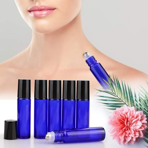 sungwoo 12 Pack Essential Oil Bottles, 10ml Blue Glass Bottles with Stainless Steel Roller Balls and Caps for Travel, Perfume and Lip Gloss - color: Blue, style: 12 Pack