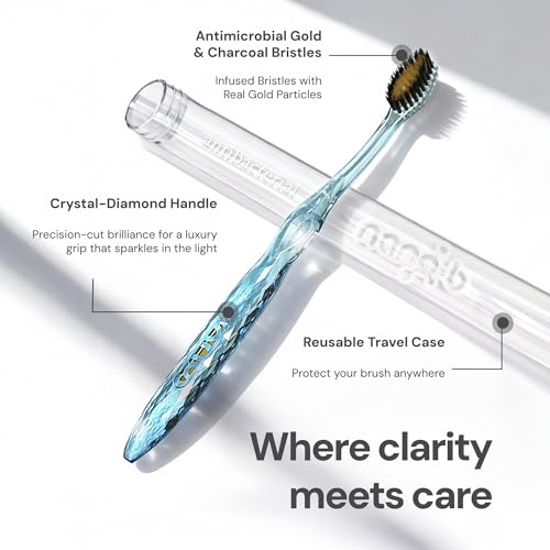 Nano-b Manual Toothbrush for Adults with Sensitive Gums, Gold & Charcoal Soft/Medium Bristles, Travel Case, Blue - color: Blue, style: Gold/Charcoal Bristles