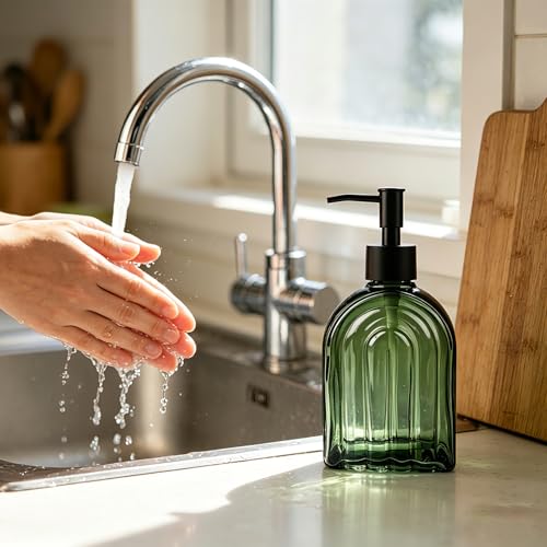 Elegant Green Glass Soap Dispenser with Black Pump | 400ML Modern Bathroom & Kitchen Dispenser for Hand Soaps, Lotions, Essential Oils - color: Green
