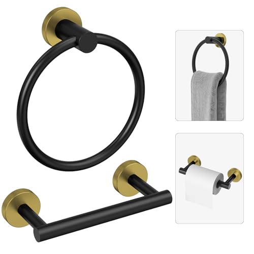 Black and Gold Toilet Paper Holder & Towel Holder, Bathroom Hardware Set-SUS304 Stainless Steel Double Post Pivoting Tissue Roll Holder and Hand Towel Ring Set for Bathroom, RV - color: Black Gold
