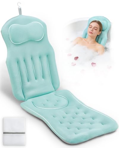 Full Body Bath Pillow for Bathtub, 5D Thick Tub Pillow for Bathtub with 192 Non-Slip Suction Cups, Laundry Bag & Hook, Bathtub Pillow for Head, Neck & Back Support (Green, 51"*15") - color: Green