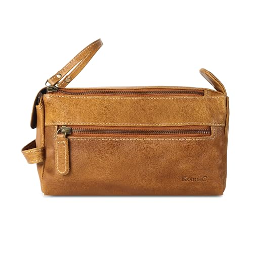 KomalC Premium Buffalo Leather Toiletry Bag for Men & Women With Water resistant Lining, Grooming Travel Pouch, Unisex Wash Bag for Toiletries, Gifts for Men and Women - color: Distressed Yellow Tan