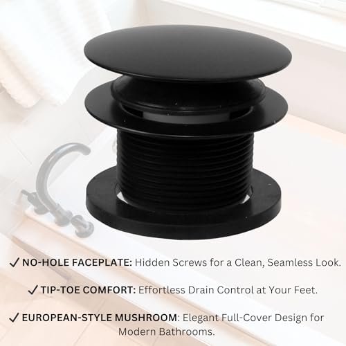 Westbrass A398RK-62 1-1/2" NPSM Coarse Thread Mushroom Tip-Toe Bathtub Drain Stopper with Illusionary Overflow Faceplate, Matte Black - color: Matte Black