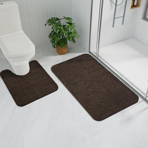 HOMORE Bathroom Rug Set 2 Piece,Soft Absorbent Bath Mats Set,Machine Washable Bath Rug Sets for Bathroom Non Slip,(21"x34"+21"x21") Plush Shaggy U Shape Contour Toilet,Brown - color: Brown