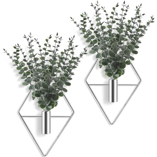 Jexine 4 Pcs Hanging Planters with Artificial Eucalyptus Metal Hanging Vase Indoor Plants Holder Modern Geometric Boho Bathroom Wall Decor for Living Room Home Office (Eucalyptus,Silver) - color: Silver, size: Eucalyptus