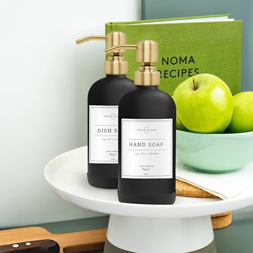 Vine Creations Black Glass Soap Dispenser, 2 Pack Kitchen Soap Dispenser Set with Stainless Steel Pump, 16 oz Dish Soap and Hand Soap Dispensers for Bathroom with Waterproof Labels - color: Matte Black Bottle / Brushed Gold Pump