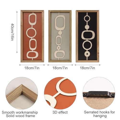 pechpell 3 Set Of Mid Century Modern Wall Art Wooden Framed, Modern Boho 3D Abstract Geometric Mcm Wall Hanging For Living Room, Bedroom, Entryway, Home Office, Earth Tone Minimalist Decor