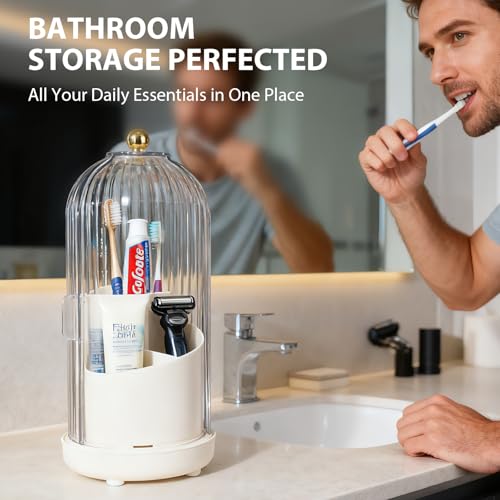 3-Slot Rotating Toothbrush Holders with Lid, Enclosed Toothbrush Holders for Bathrooms, Countertop Plastic Toothpaste Holder with Cover, Makeup Brush Holder for Vanity, Utensil Storage(White)