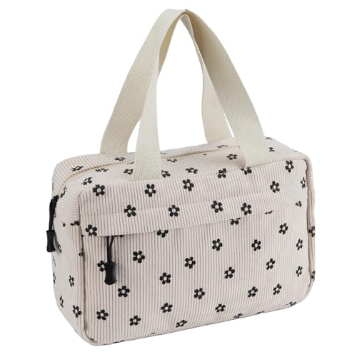 Large Makeup Bag for Women Corduroy Cosmetic bag Make up Bags Zipper Pouch with handle Cosmetic Organizer Toiletry Bag for Travel Storage - color: 5-Black Flower