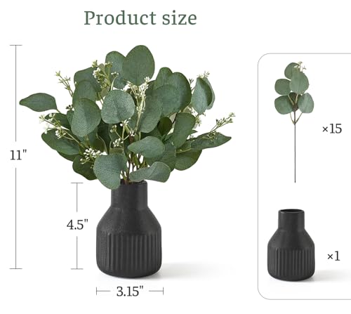 Dahey Artificial Eucalyptus Stems in Small Ceramic Vase Centerpiece Table Decorations Modern Farmhouse Decor Fake Eucalyptus Plants with Vase for Bathroom Kitchen Shelf Living Room Home Decor, Black - color: Black, size: Small