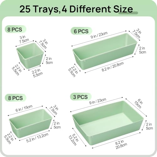 Vtopmart 25 PCS Plastic Drawer Organizers Set, 4-Size Versatile Bathroom and Vanity Drawer Organizer Trays, Storage Bins for Makeup, Bedroom, Kitchen Gadgets Utensils and Office - color: Sage Green