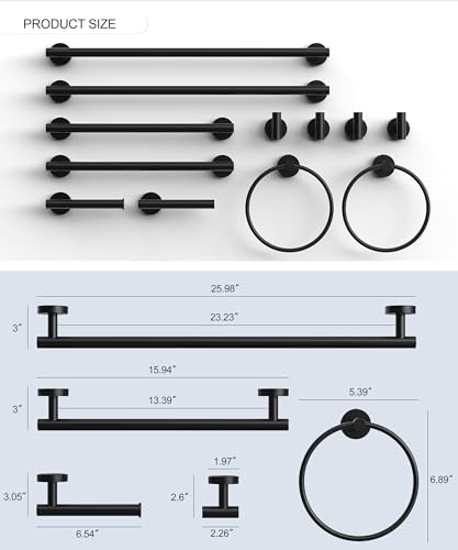 12 Pcs Matte Black Bathroom Accessories Set, HOMEMYSTIQUE SUS304 Stainless Steel Bathroom Hardware Set, Bath Towel Bar Set, Toilet Paper Holders, Towel Rings Racks, Robe Towel Hooks - color: Matte Black, size: 12 Pieces
